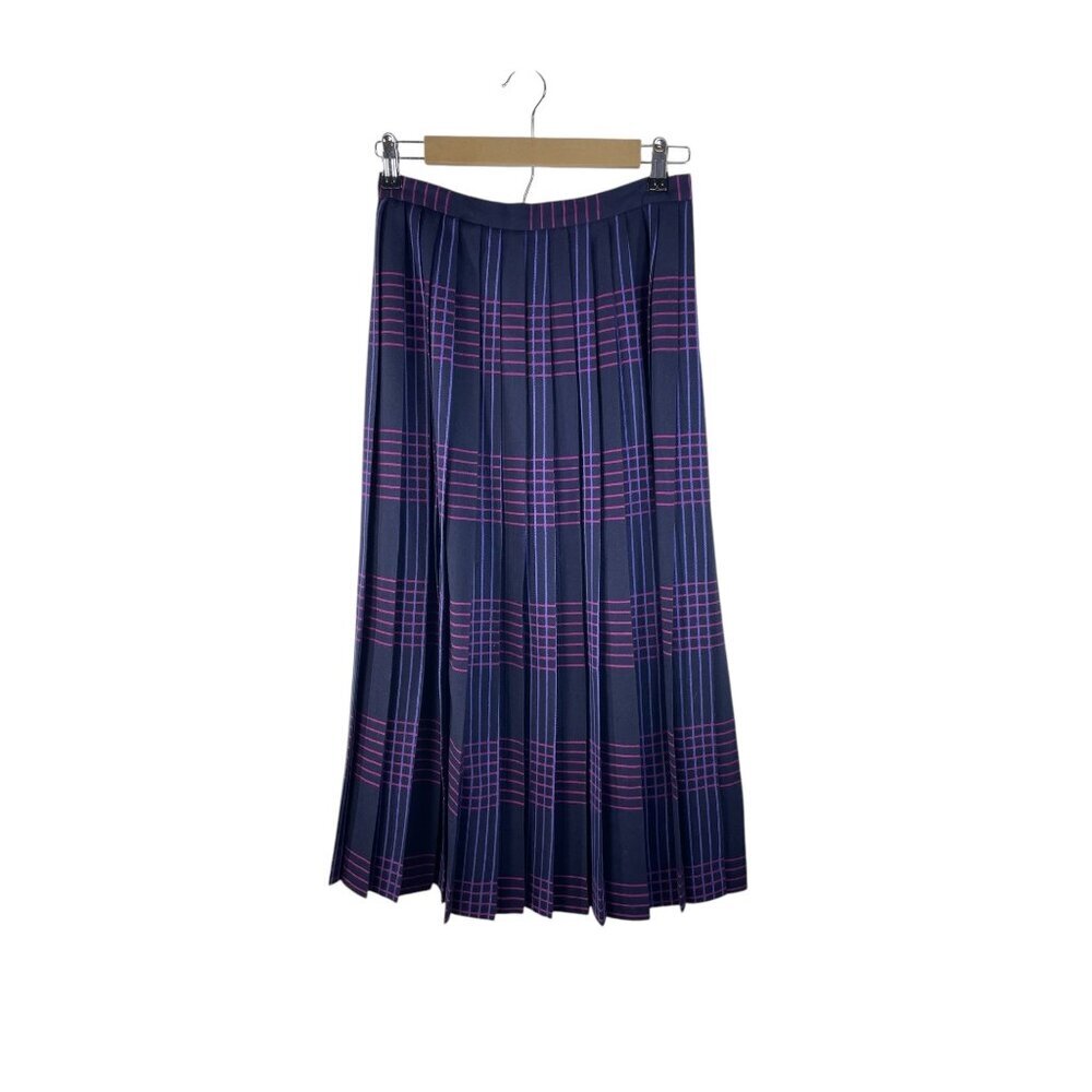 Vintage Navy & Pink Pleated Wool Midi Skirt Dark Academia